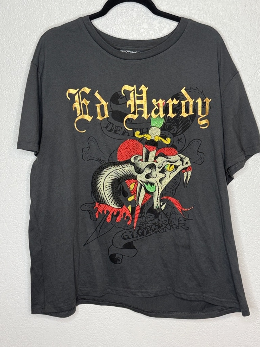 Ed Hardy Gray Snake Heart Rhinestone Layered Graphic Tee Size XXL